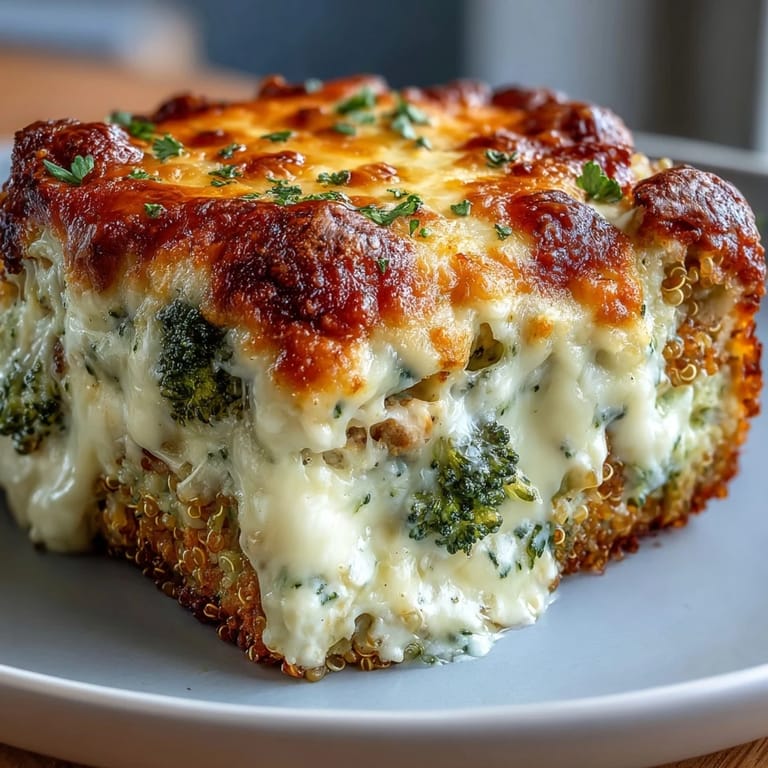 Freshly baked Broccoli Quinoa Casserole in a ceramic dish, steam rising, served as a hearty family-style weeknight dinner.