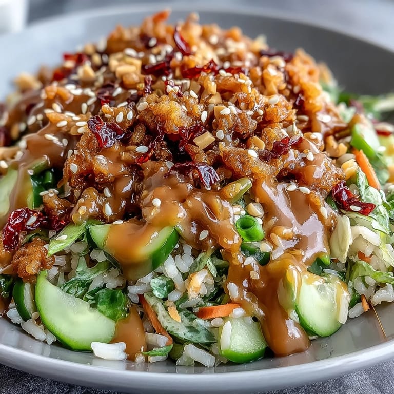 Quick Crispy Rice Salad with Peanut Sesame Dressing tossed with fresh veggies for a crunchy lunch.