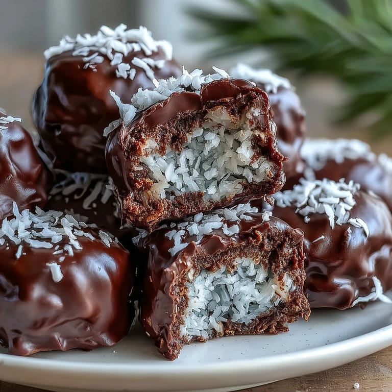 Plate of chilled Healthy Chocolate Coconut Bites served with almond milk for a healthy snack.