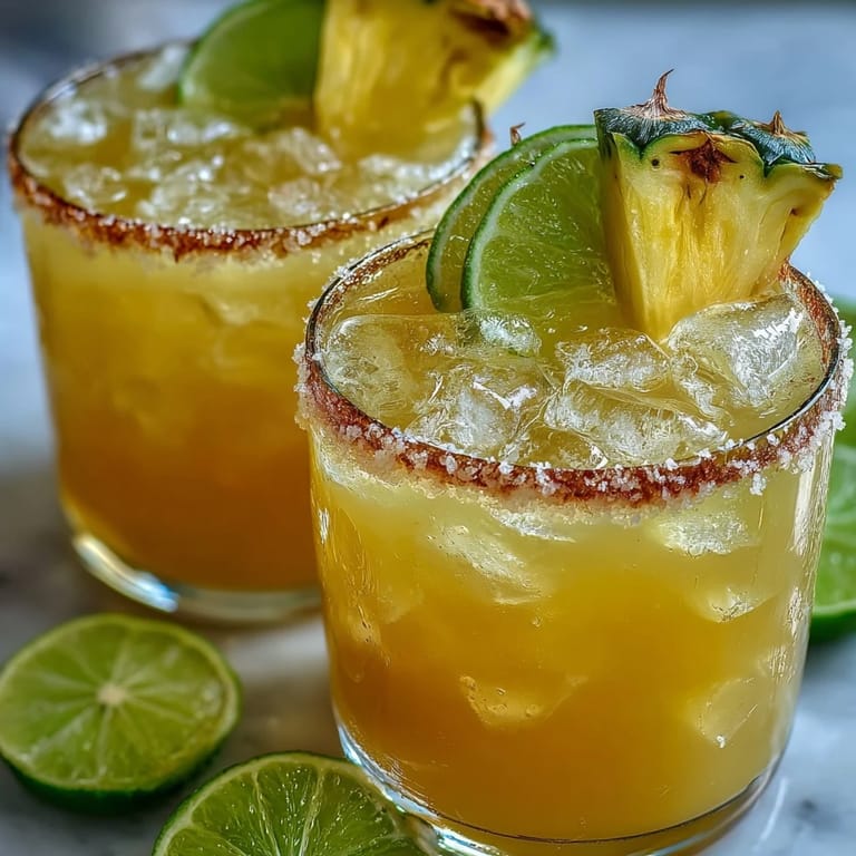 Two glasses of vibrant Pineapple Margarita Mocktail with pineapple slices, served over ice for a refreshing treat.