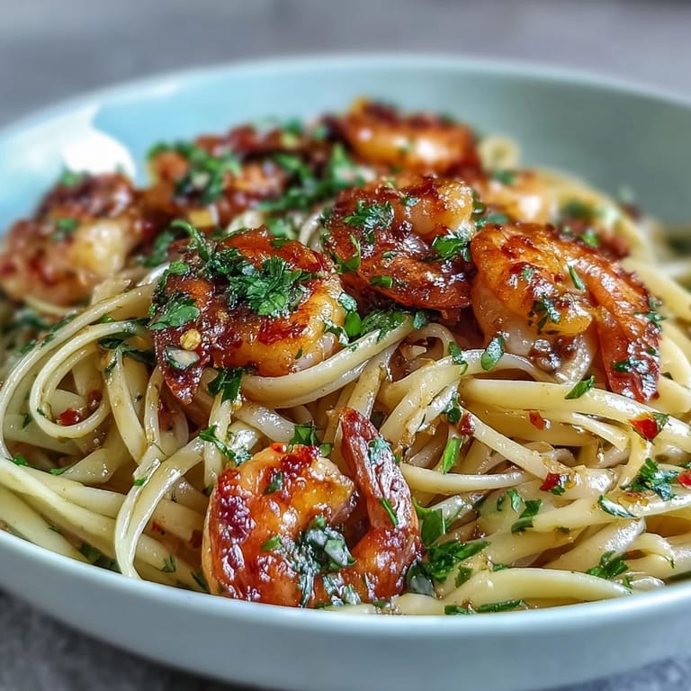 Serving Chilli-Garlic Shrimp Linguine with a glass of white wine on a rustic table.