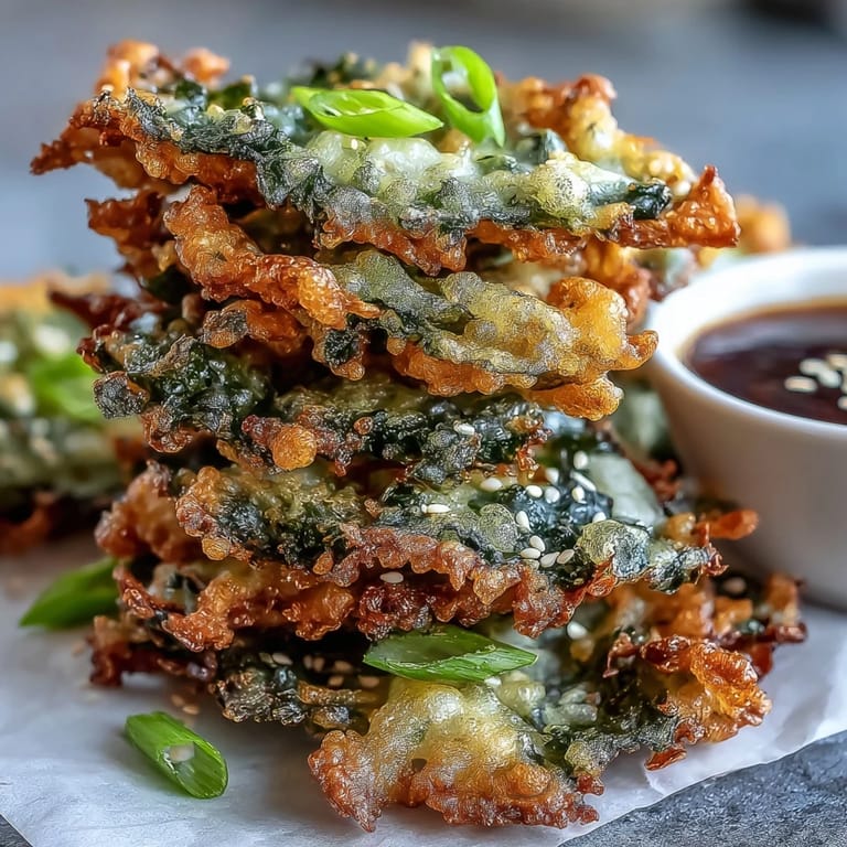 Frying crisp Seaweed Tempura in hot oil, the tempura batter bubbling around nori sheets for a light, crunchy snack.