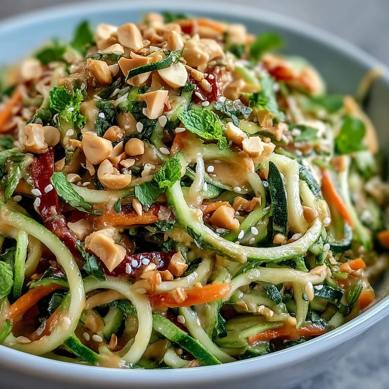 A close-up of Vegan Thai Peanut Zucchini Noodle Salad shows colorful veggie ribbons topped with chopped peanuts, sesame seeds, and fresh herbs.