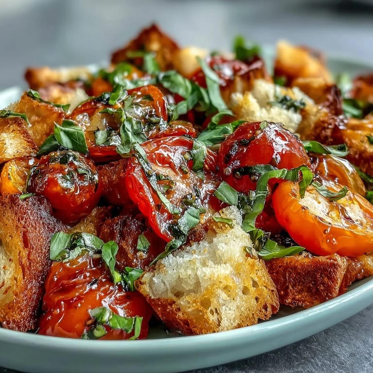 Rustic Italian sourdough Panzanella salad topped with creamy burrata and fresh basil leaves on a wooden platter.