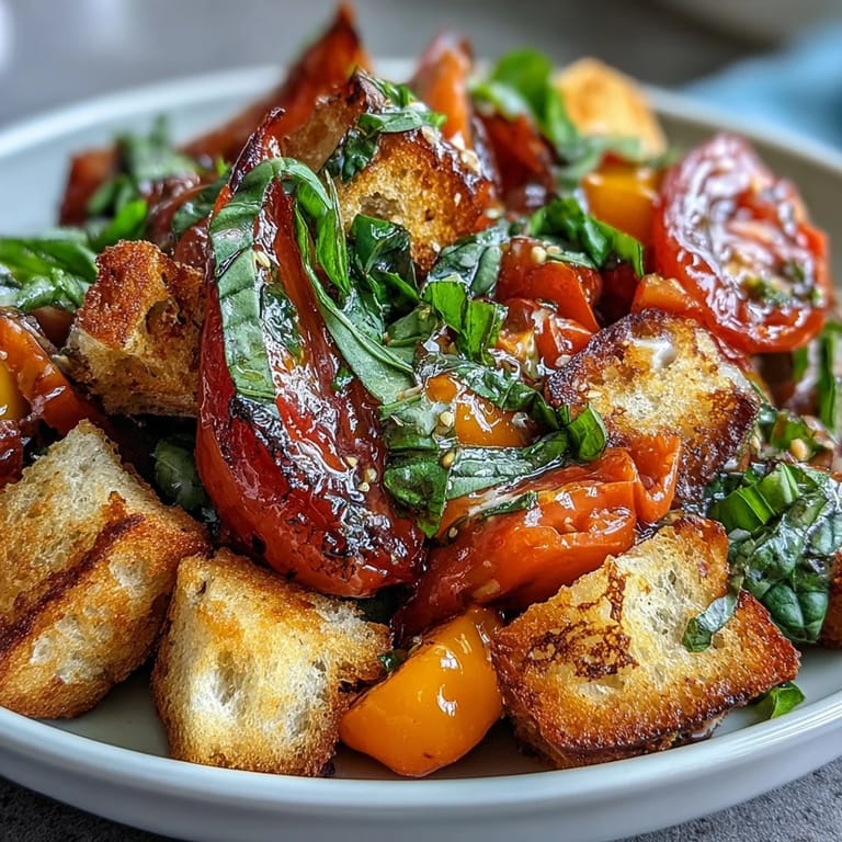Homemade sourdough Panzanella with juicy tomatoes and fresh basil vinaigrette, ready to serve as a summer side dish.