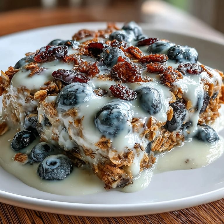 Serving suggestion for Clean Breakfast Blueberry Oatmeal Bake with Greek Yogurt Swirl drizzled with maple syrup alongside a steaming mug.