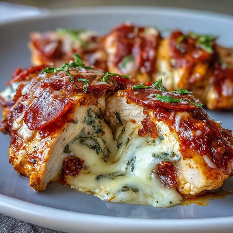 A close-up of a stuffed chicken breast sliced open, revealing gooey cheese and rich marinara.