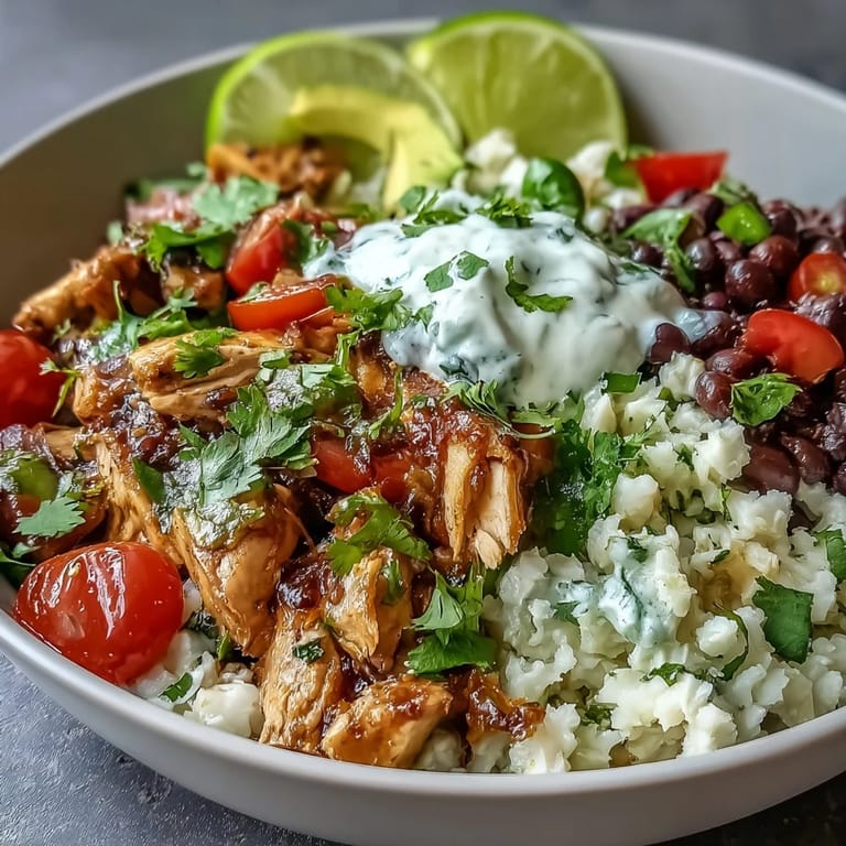 A vibrant 400-Calorie Burrito Bowl featuring zesty cilantro-lime cauliflower rice, fresh tomatoes, red onion, and a lime wedge for serving. 