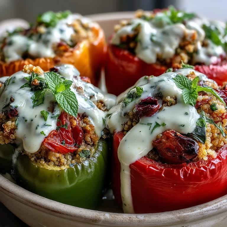 Bright yellow and red bell peppers are filled with herbed chickpeas and quinoa, finished with a creamy lemon tahini drizzle.