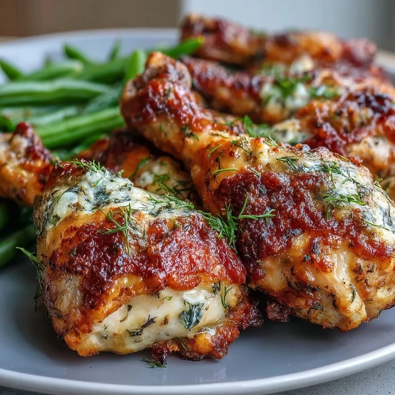 A serving of Keto Baked Ranch Chicken Drumsticks plated with green beans and fresh herbs for garnish.