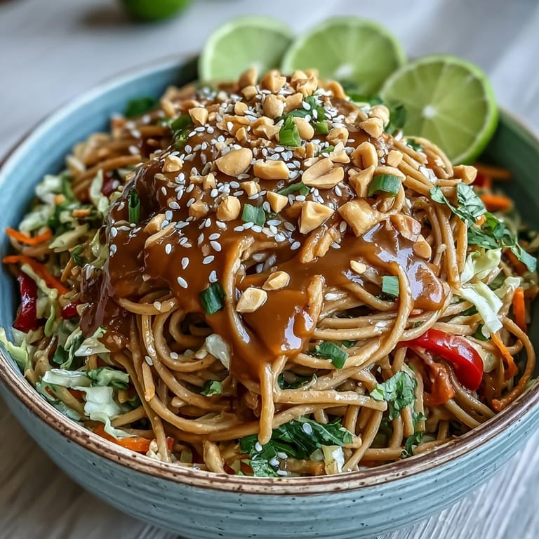 Freshly prepared Vegan Spicy Peanut Soba Noodle Salad served in a white bowl, garnished with chopped roasted peanuts, sesame seeds, and lime wedges on the side.