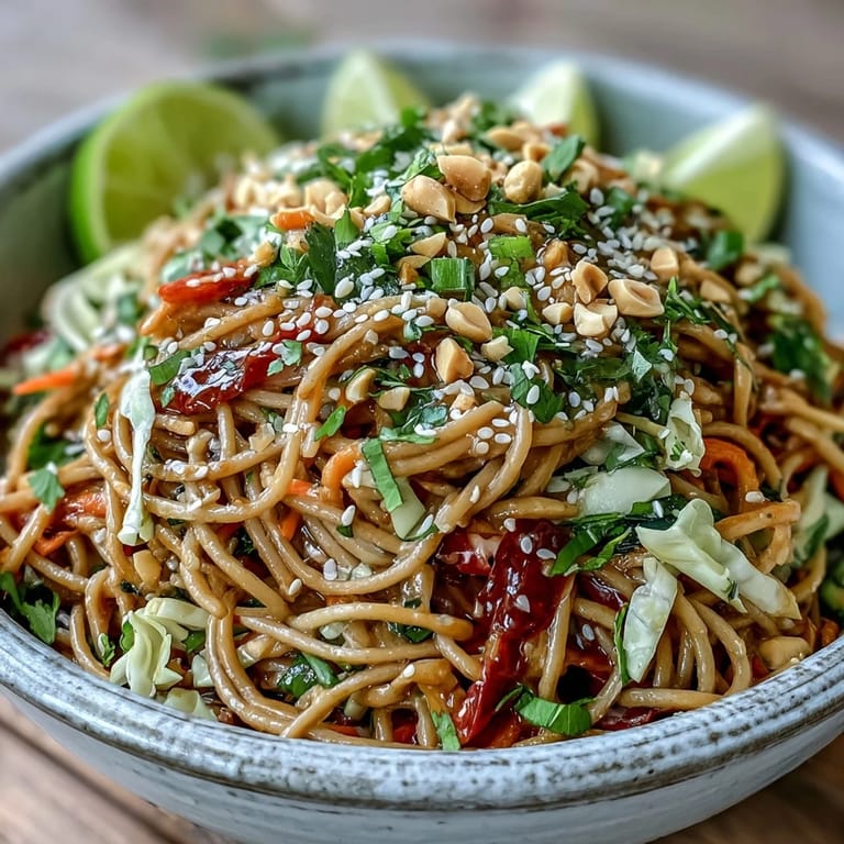 Top-down shot of a colorful Vegan Spicy Peanut Soba Noodle Salad featuring tangled soba noodles, crunchy bell pepper strips, and a drizzle of spicy peanut sauce.