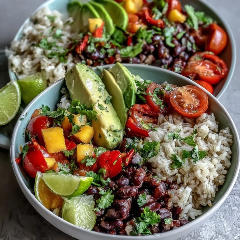 Vibrant Mango and Black Bean Brown Rice Fiesta Bowl garnished with cilantro, red onion, and lime wedges for a zesty finish.