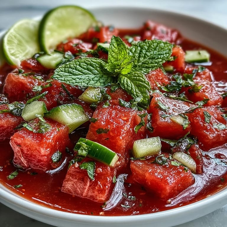 A pitcher of Vegan Watermelon Mint Gazpacho with cucumber and lime, garnished with mint, ready to pour for summer.
