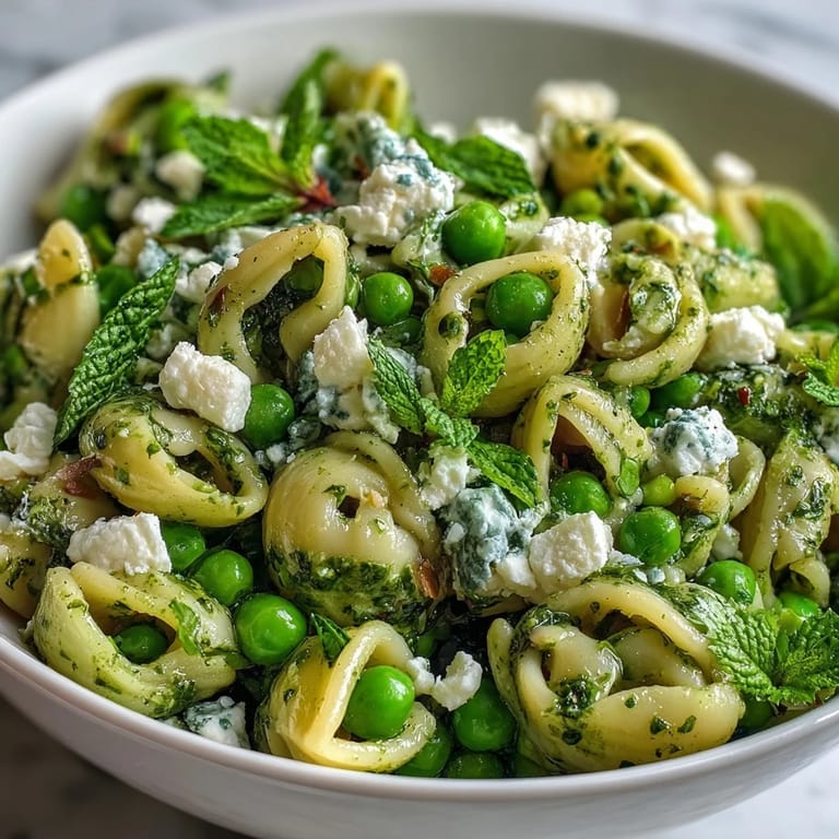 Close-up of Fresh Spring Pea and Mint Pasta Salad, showcasing bright green peas, fresh herbs, and crumbled feta cheese on fork-twirled pasta.