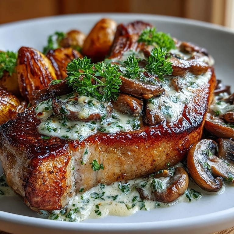 Juicy pan-seared pork chops smothered in garlicky mushroom sauce, paired with low-carb roasted radishes for a hearty dinner.