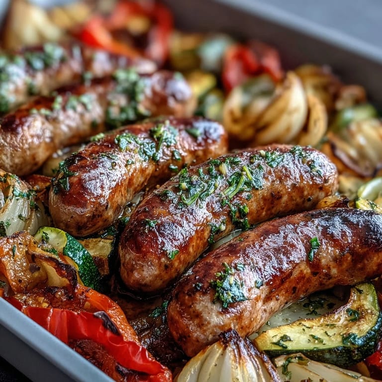 A close-up of juicy Sheet Pan Italian Sausage with Peppers and Zucchini, showing roasted red peppers and zucchini with fresh basil garnish.