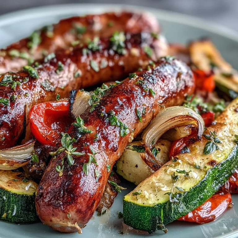 Evenly roasted Sheet Pan Italian Sausage with Peppers and Zucchini served hot from the oven, ready to be plated for a family dinner.
