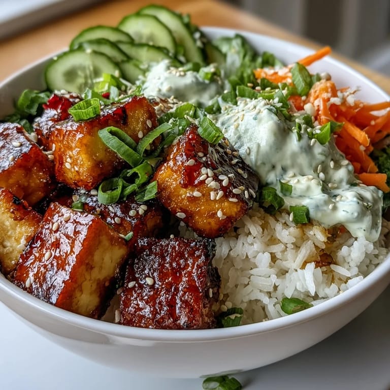 A close-up of golden tofu and crunchy pickled veggies in Vegan Crispy Tofu Banh Mi Bowls, garnished with sesame seeds.