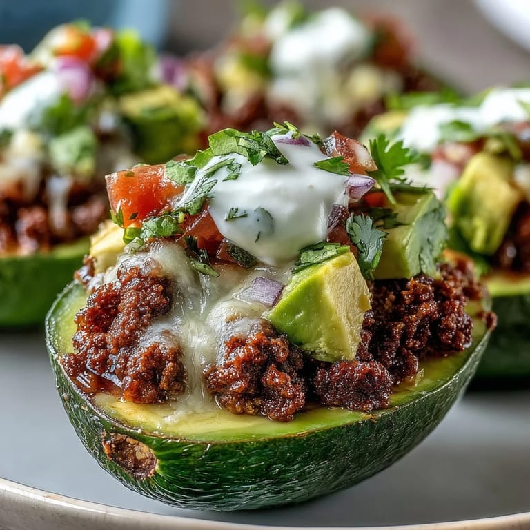 Overhead view of Keto Taco Stuffed Avocados on a rustic table, featuring vibrant salsa and a dollop of sour cream.