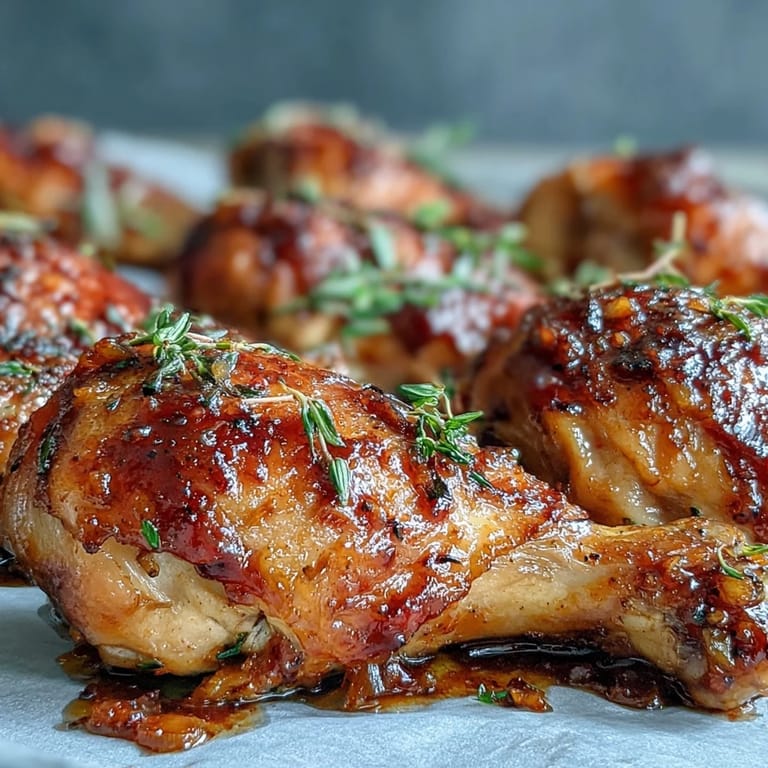 Juicy Sheet Pan Honey Garlic Chicken Drumsticks with Roasted Carrots served over white rice, garnished with fresh thyme leaves.