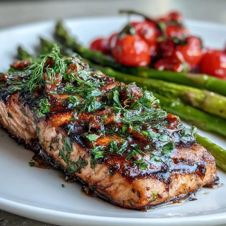 A fresh and flavorful grilled salmon recipe featuring lemon herb marinade, paired with roasted asparagus and burst cherry tomatoes for a light, nutritious plate.