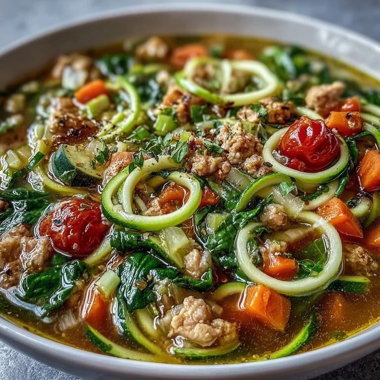 This healthy Turkey and Veggie Zucchini Noodle Soup features lean protein, fresh spiralized zucchini, and a medley of vegetables for a nourishing, low-carb meal.