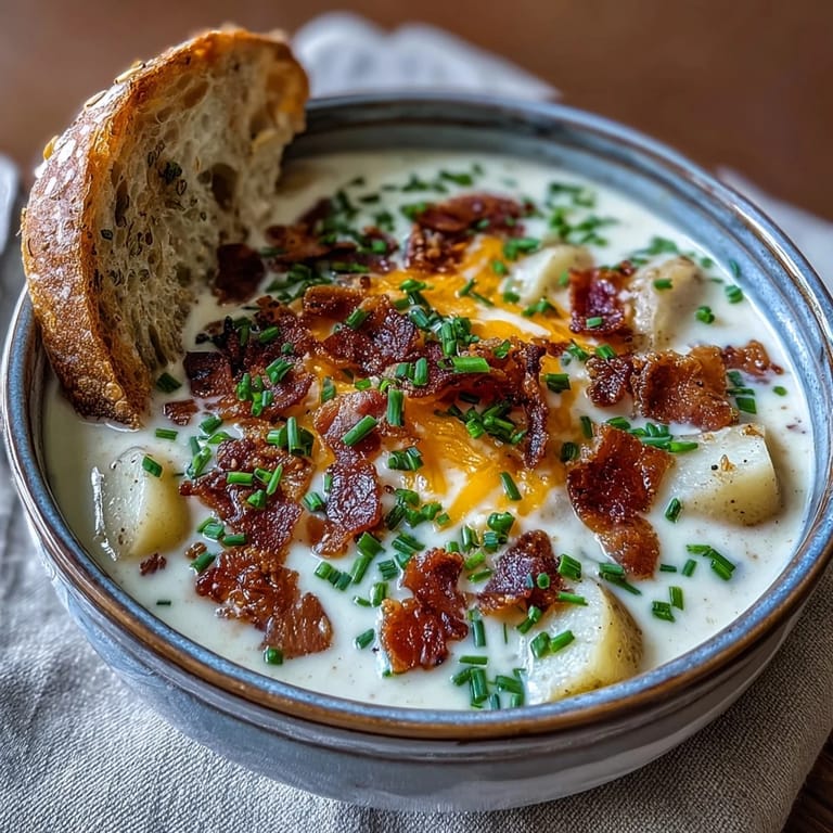 Comforting baked potato soup loaded with creamy potatoes, savory bacon, and tangy sour cream, topped with green onions.