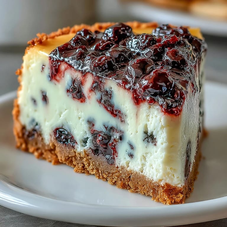 Elegant black currant cheesecake featuring rich cream cheese, fresh berry compote, and a golden graham cracker base.  