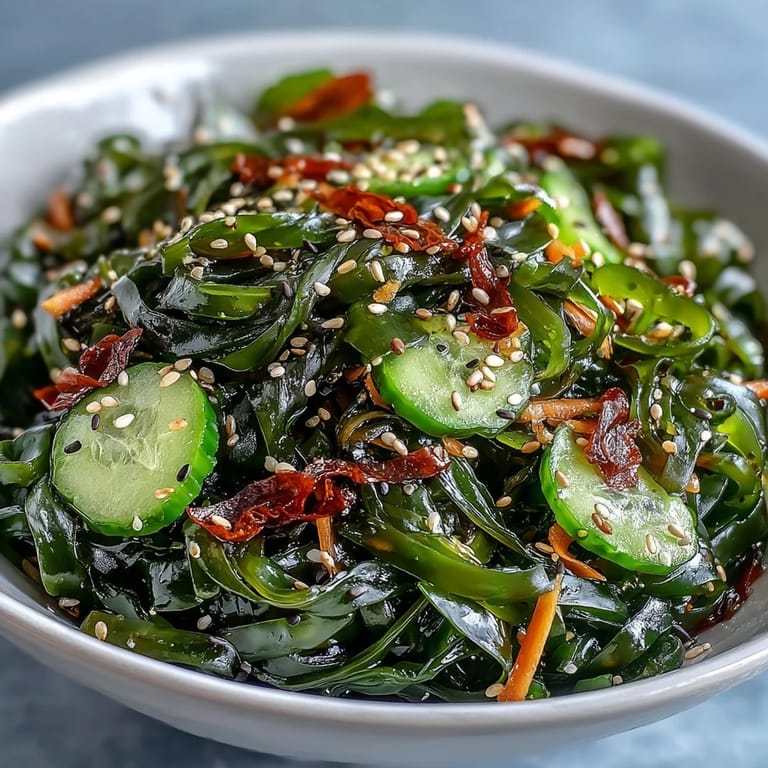 Colorful seaweed salad tossed in citrus ponzu, garnished with sesame seeds and chili for a refreshing vegan starter.