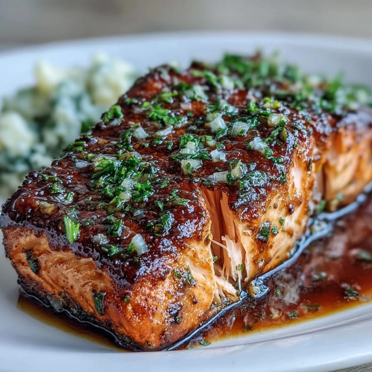 Flaky, perfectly baked salmon inspired by Texas Roadhouse, glazed with honey garlic sauce and paprika, finished with fresh chopped parsley.