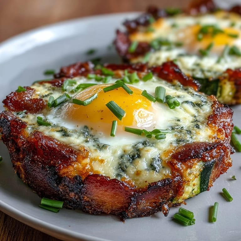 Savory zucchini nests filled with smoky bacon and runny eggs, topped with melted cheddar for a low-carb breakfast delight.