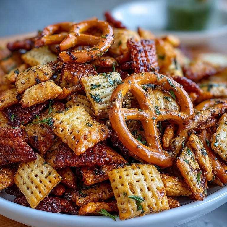 Irresistible snack mix featuring Rice and Corn Chex coated in savory dill pickle seasoning, perfect for parties and movie nights.  