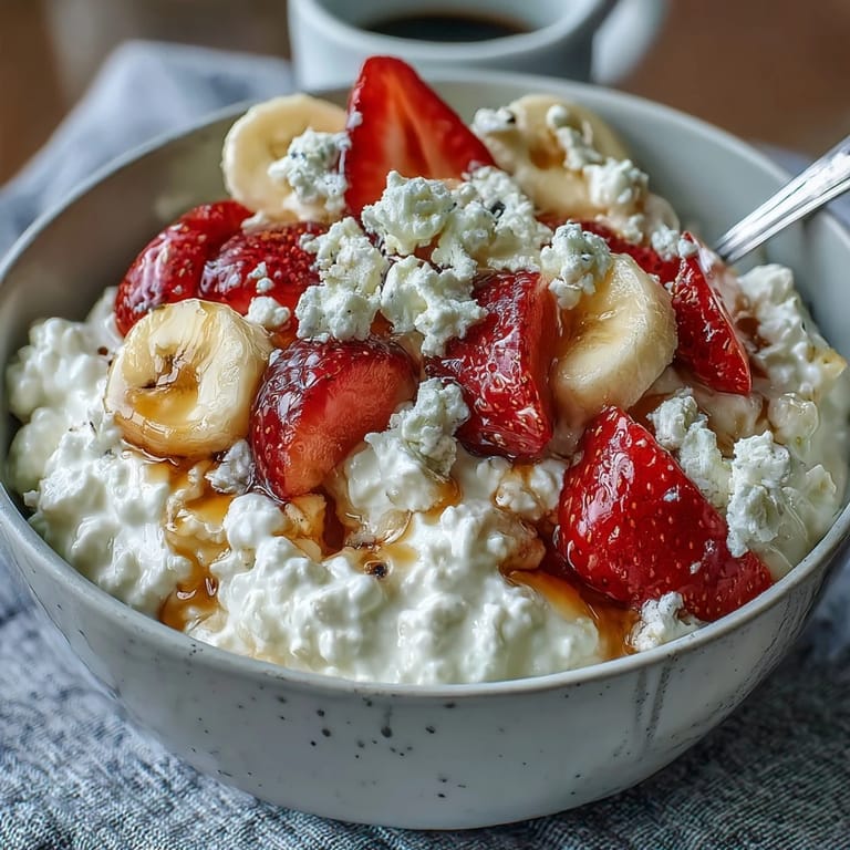 Nutritious cottage cheese fruit bowl with strawberries and honey, garnished with mint leaves for a refreshing and protein-packed morning treat.