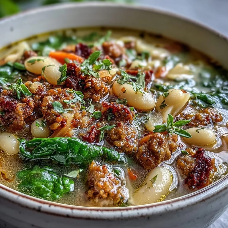 Creamy Tuscan white bean soup with Italian sausage, carrots, celery, and spinach for a comforting, rustic meal.  