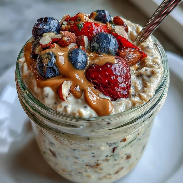 No-cook oats layered with juicy berries and rich almond butter, perfect for busy mornings.