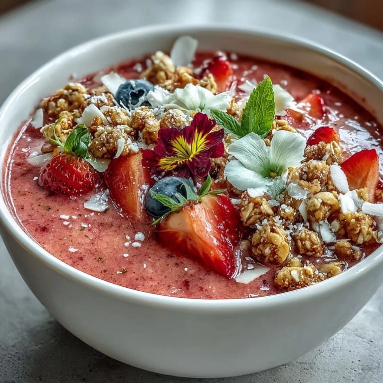 A refreshing strawberry smoothie bowl topped with granola, coconut flakes, and edible flowers, ideal for a healthy Galentines celebration.  