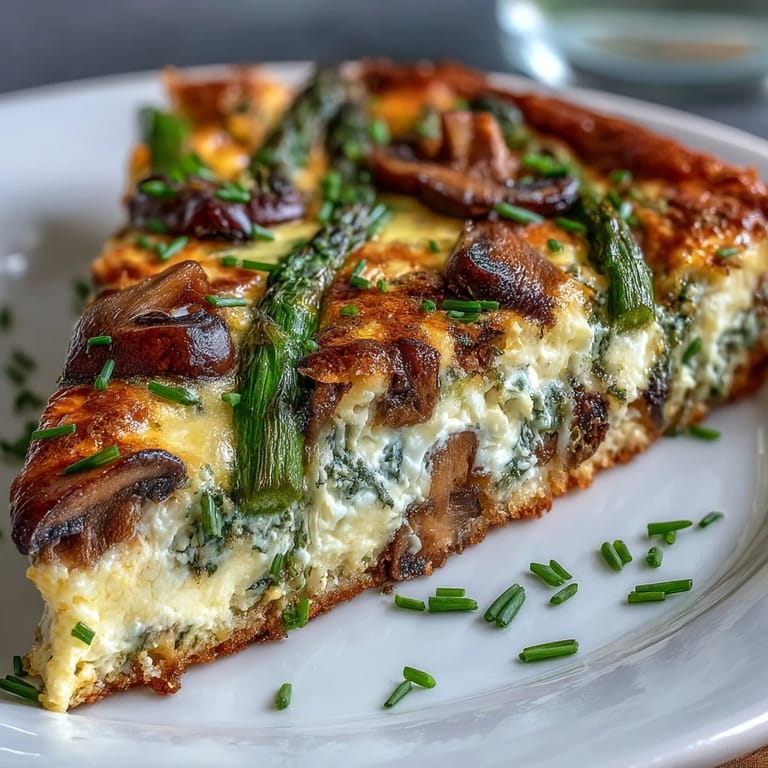 Spring-inspired frittata featuring crisp asparagus and earthy mushrooms over a golden sourdough base, ideal for light dinners or weekend brunch gatherings.