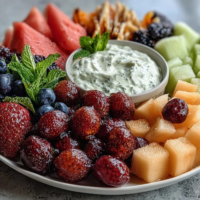 Vibrant melon balls and fresh berries paired with a zesty honey-lime dip, perfect for refreshing summer brunches.