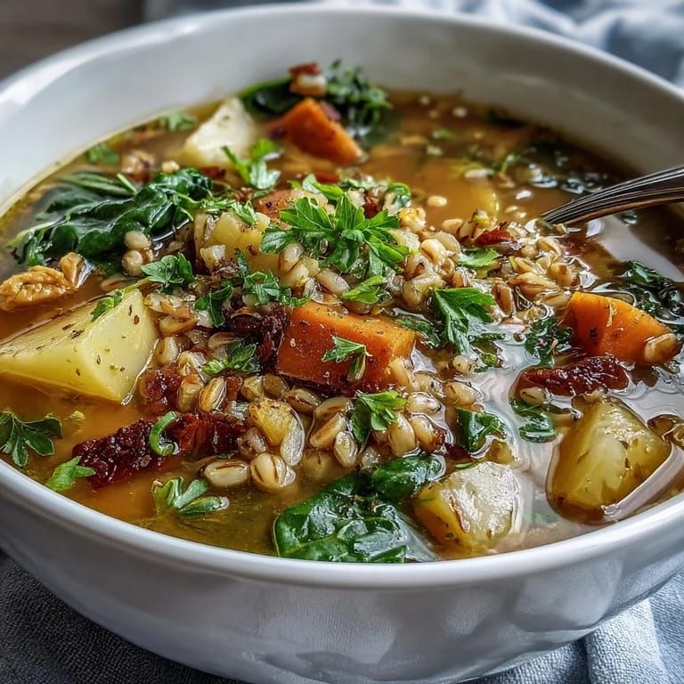 Hearty barley vegetable soup with parsnips, carrots, and cabbage, garnished with fresh parsley for a vibrant seasonal meal.