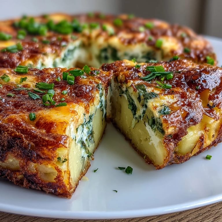 Savory spring onion and potato frittata topped with melted cheddar, baked until golden and ready to slice and serve.