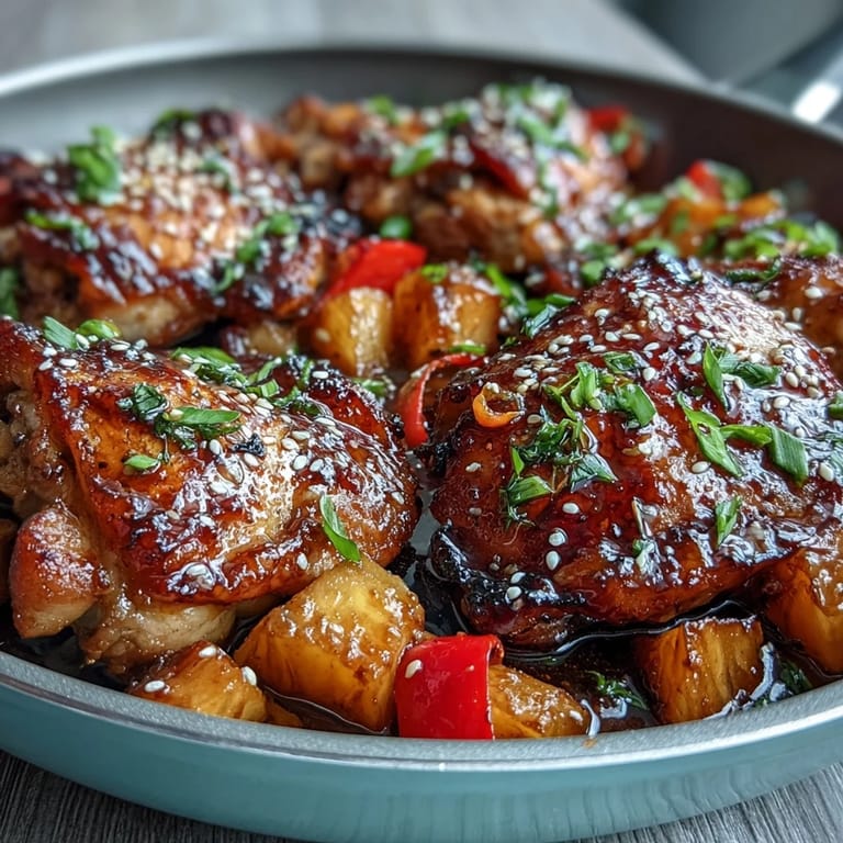 A tropical one-pan dinner featuring sticky honey garlic chicken, juicy pineapple chunks, and vibrant bell peppers for a colorful, flavorful meal.