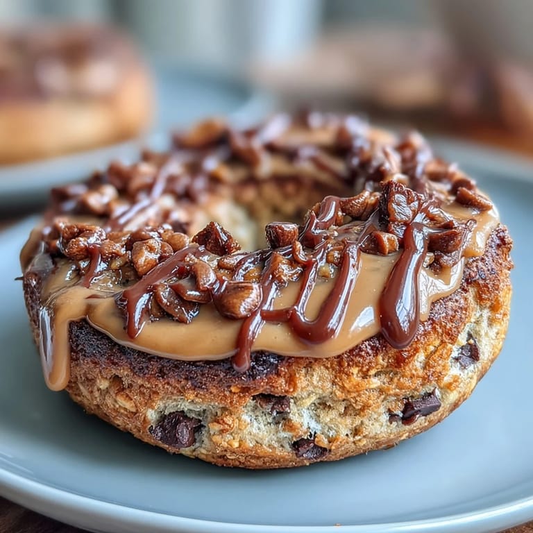 Golden-brown bagels studded with melty chocolate chips, drizzled with creamy peanut butter for a satisfying protein-packed treat.