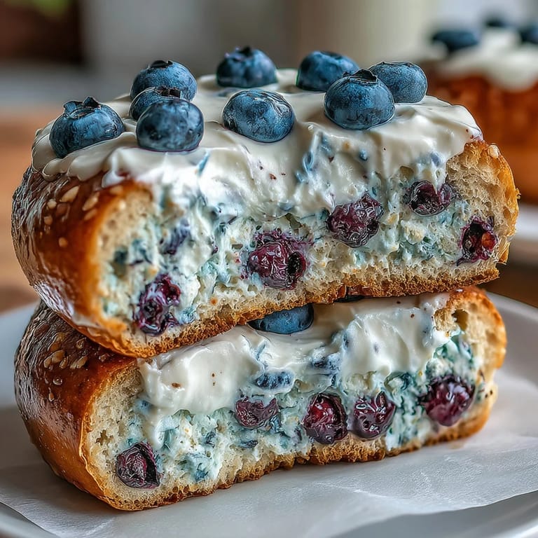 Chewy homemade bagels bursting with blueberries, topped with creamy Greek yogurt frosting for a protein-packed treat.