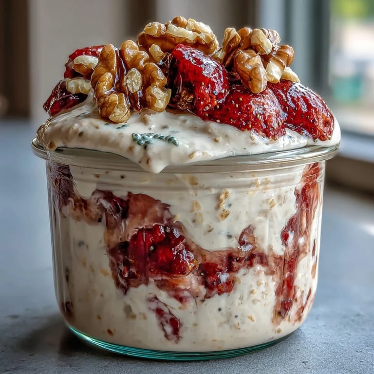 Wholesome strawberry banana bread overnight oats with walnuts, topped with fresh fruit slices.