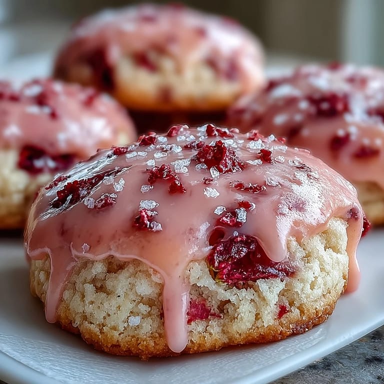 Tender strawberry sugar cookies topped with a vibrant pink icing, ideal for Valentine's Day treats or afternoon tea parties.
