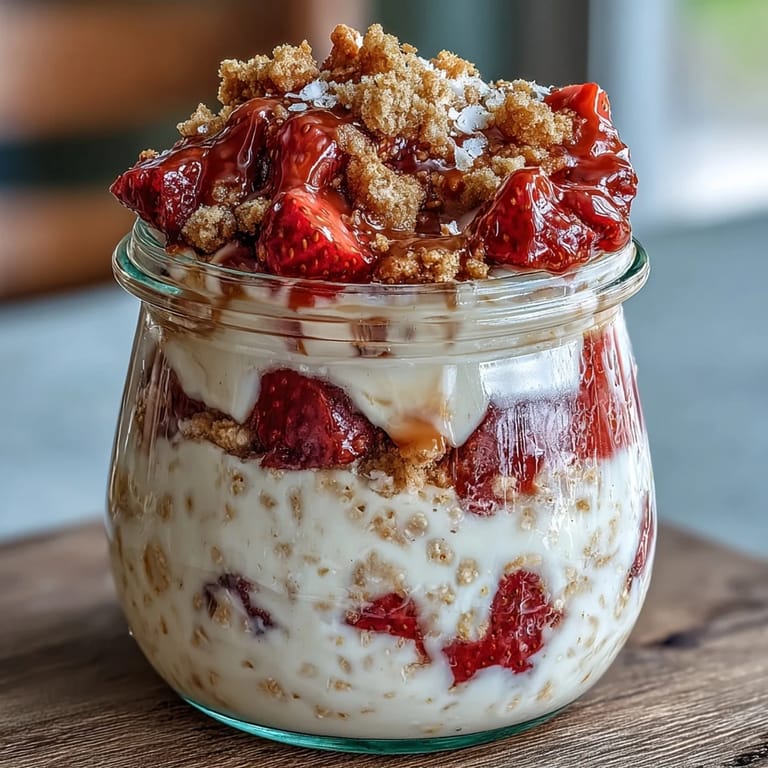 Creamy strawberry cheesecake overnight oats layered with diced strawberries and crunchy graham cracker crumble, served in a mason jar for an easy, no-bake morning treat.