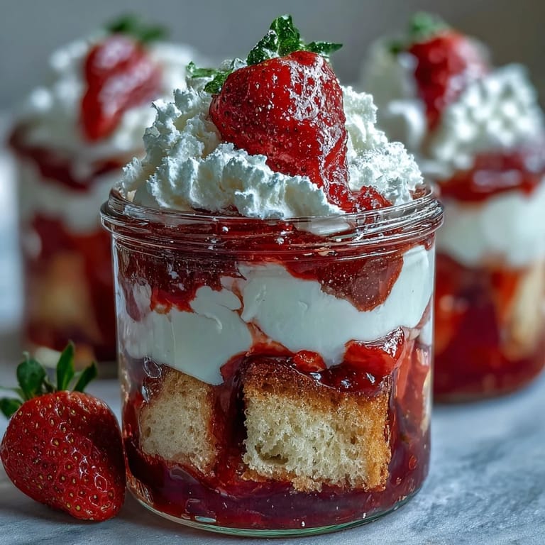 Layered strawberry shortcake trifle in mason jars, featuring juicy berries, golden shortcake, and creamy topping.  