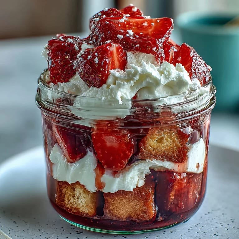 Mason jar strawberry shortcake trifle with vibrant strawberry slices, tender shortcake, and airy whipped cream.