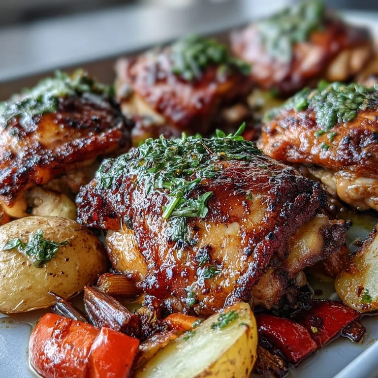 Golden-brown chicken thighs and colorful roasted vegetables create a hearty, flavorful one-pan meal.